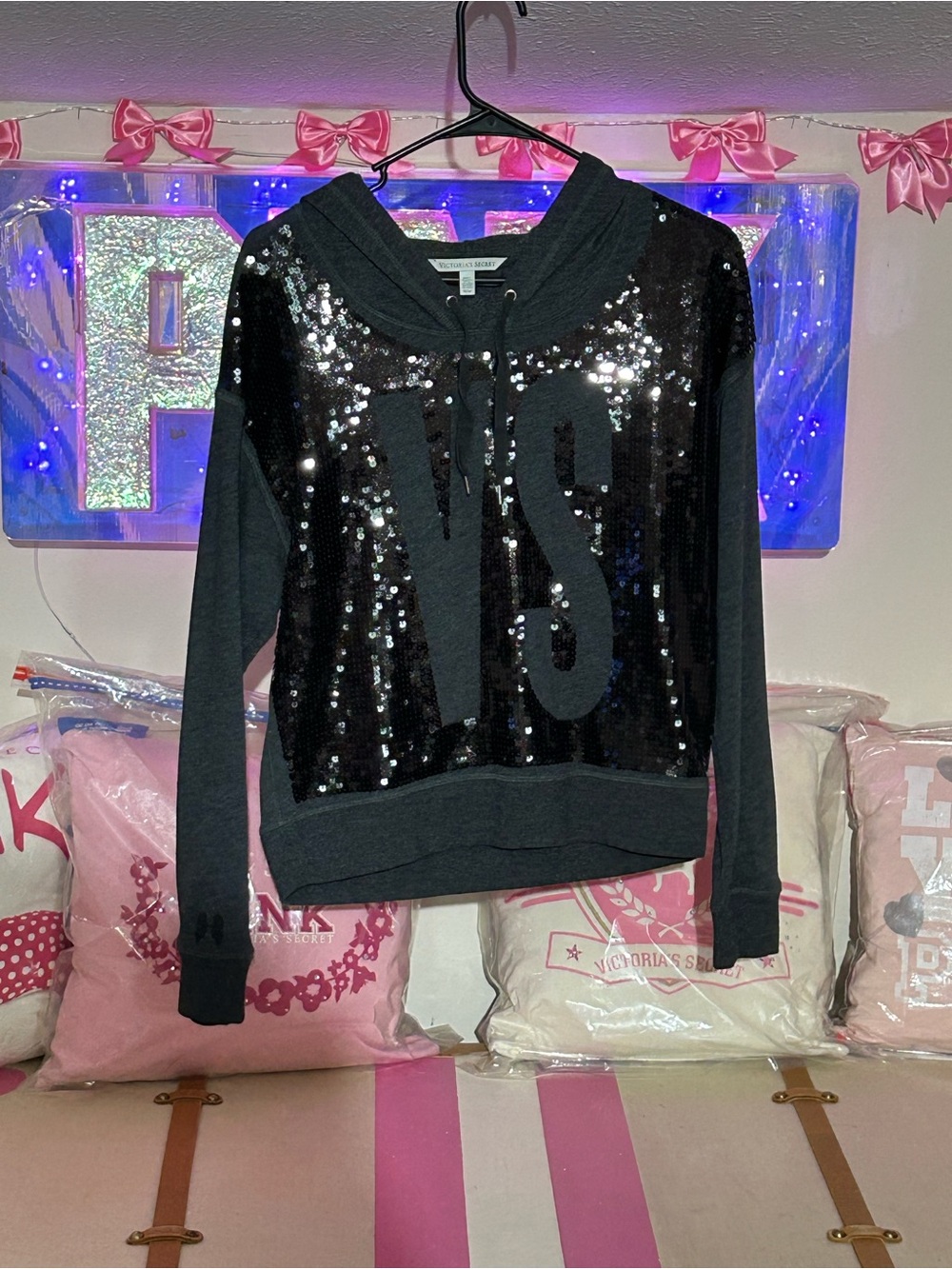 Victoria's Secret Black Sequin 'VS' Pullover Hoodie